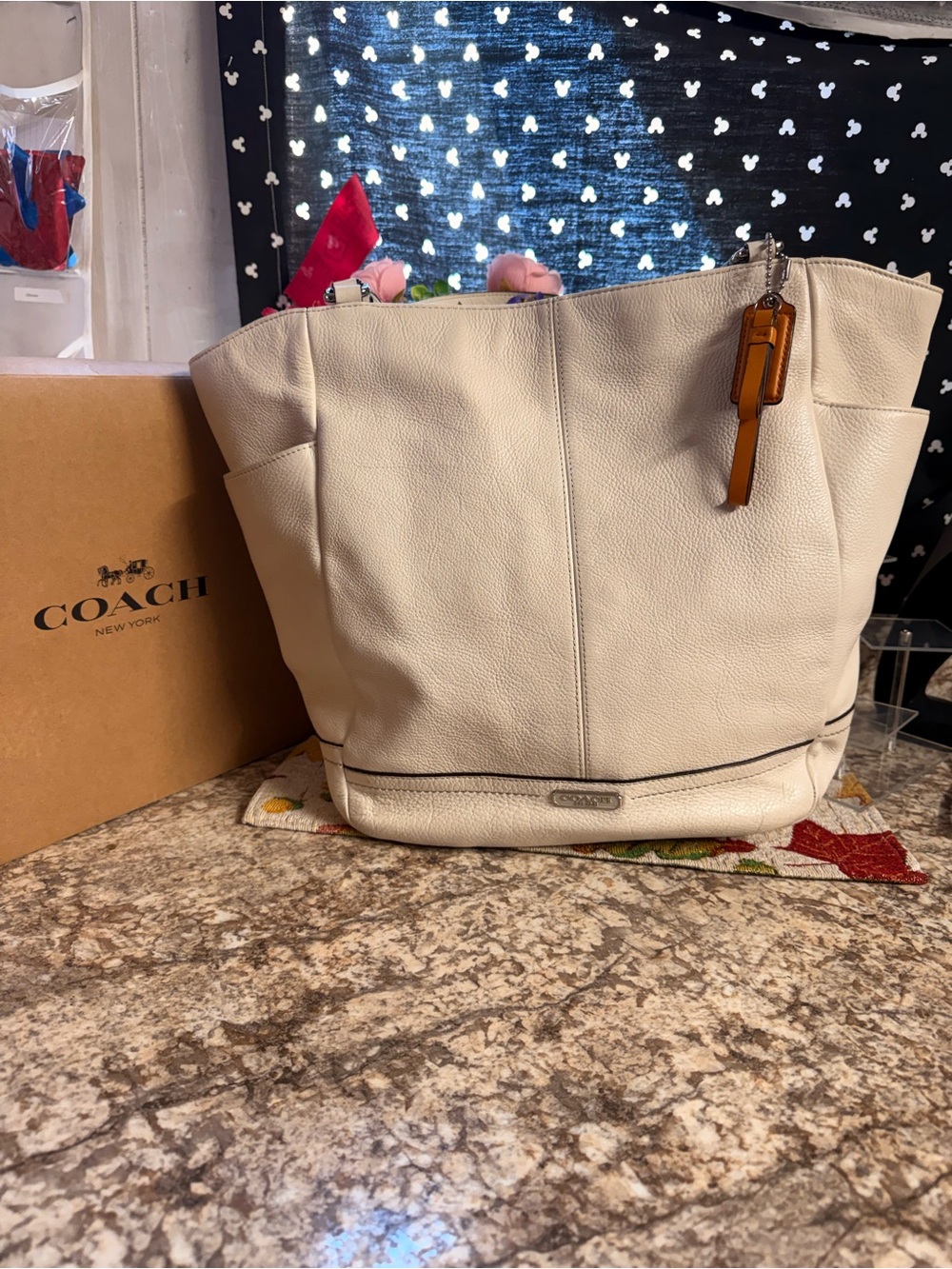 Coach Cream Pebbled Leather Tote with Tan Tag